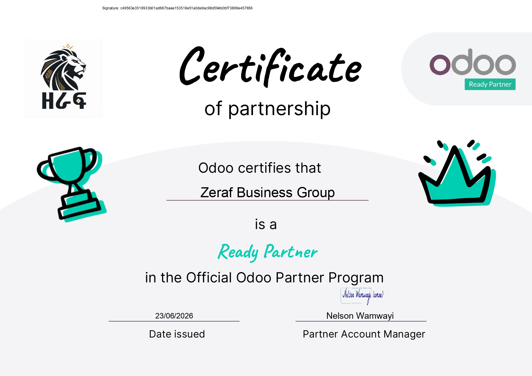Odoo Ready Partner certificate — Zeraf Business Group